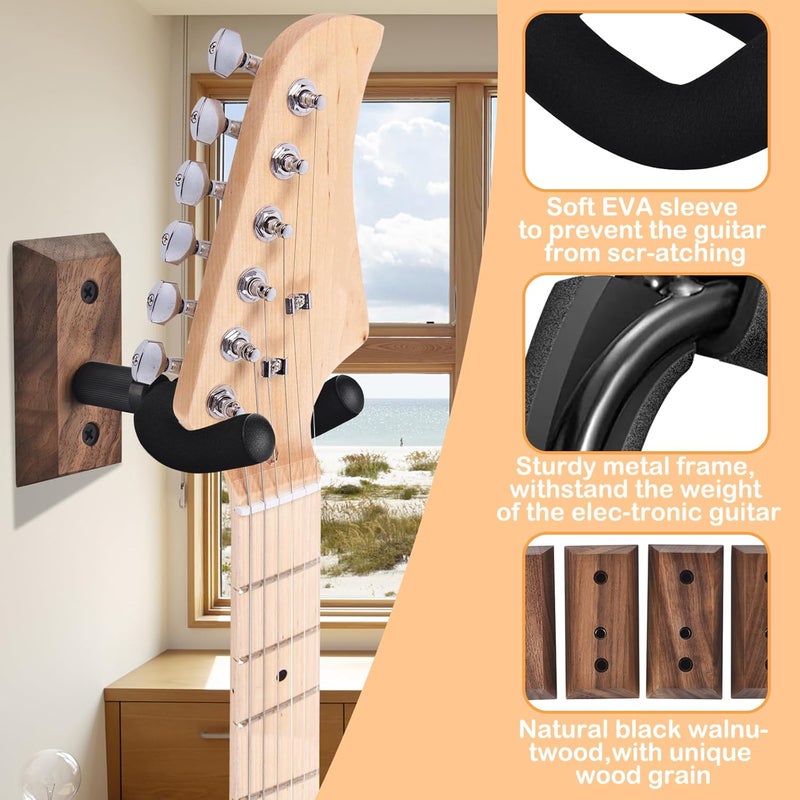 MOREYES Guitar Wall Mount 4 Pack, Guitar Wall Hangers with Rotatable Soft Guitar Hook for All Size Guitars, Hardwood U-Shaped Guitar Holder for Acoustic Guitar, Bass, Easy to Install, Black Walnut - Image 5
